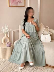 Modelyn Plus Size 2 Pieces Set: Chiffon Top And Woven Skirt, Suitable For Everyday Wear And Gatherings In Spring/Summer - Green - View 4