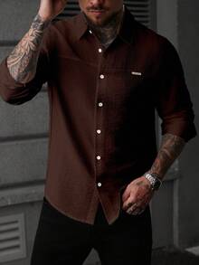 Manfinity CasualCool 男士長袖單排扣休閒挺挺微紋理襯衫 - 咖啡棕 - 查看 5