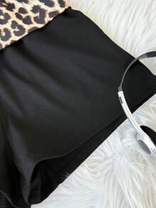 SHEIN Tween女孩豹紋拼接百褶休閒百搭日常穿著短褲 - 卡其色 - 查看 5