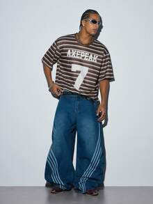 Men's Loose Fit #7 Striped T-Shirt, Retro American Street Style Casual Short Sleeve Top - Brown - View 3