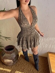 SHEIN SXY 大尺碼夏季性感豹紋露背掛脖迷你洋裝 - 彩色 - 查看 6