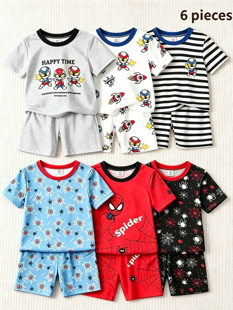6piezas/Set Pijama de Verano para Bebé Niño de Punto Cuello Redondo Manga Corta & Pantalones Cortos Rayas Blancas y Grises Estampado de Dibujos Animados Lindo Estilo Casual Minimalista Cómodo Holgado Ropa de Casa Interior - Multicolor - Ver 1
