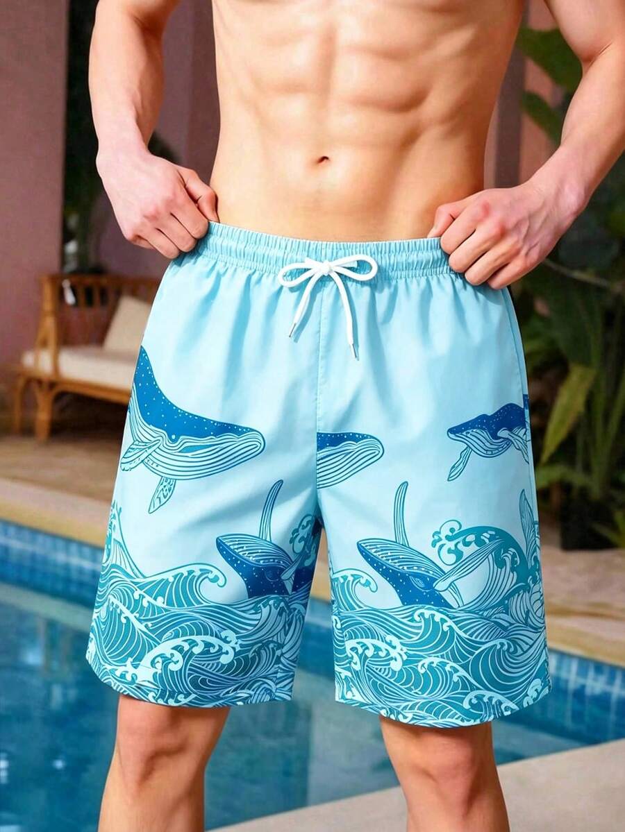 SHEIN 青少年男款度假抽繩腰印花休閒沙灘短褲 - 藍色 - 查看 1