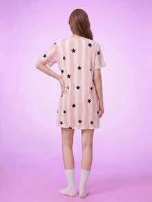 Notgurli Cute Striped & Star Print Women's Short Sleeve Casual Sleep Dress - Multicolor - View 2