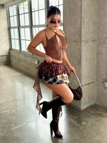 Dayanna Comas White Corset Hook And Eye Front Mesh Insert Cami Top Casual Summer Brown - Brown - View 6