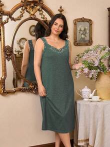 Côtesoire Plus Size Lace Patchwork Solid Color Casual Knit Nightgown, Summer - Green - View 5