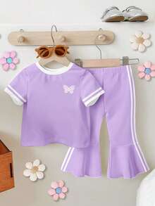 Conjunto casual y cómodo de 2 piezas para niñas, selección aleatoria 4 en 1: 4 estilos de estampado de dibujos animados con frutas, conejo, cereza, lazo/letra/cereza, top de cuello redondo y manga corta + pantalones largos acampanados ajustados de color púrpura, tela transpirable y amigable con la piel, adecuado para primavera/verano, uso diario, salidas, hogar, fiestas, versátil - Multicolor - Ver 5