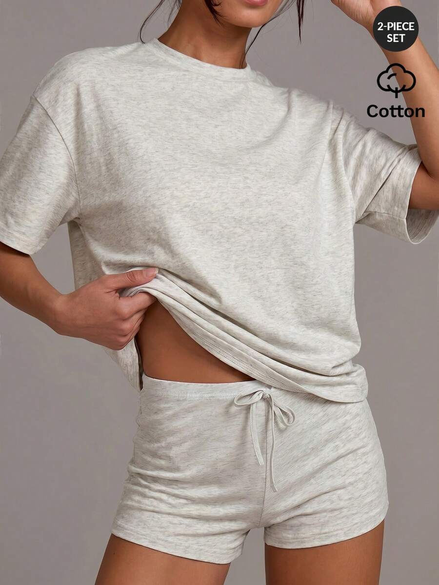 Athîral 女士圆领时尚印花T恤和抽绳腰短裤家居服套装 - 灰色 - 查看 1