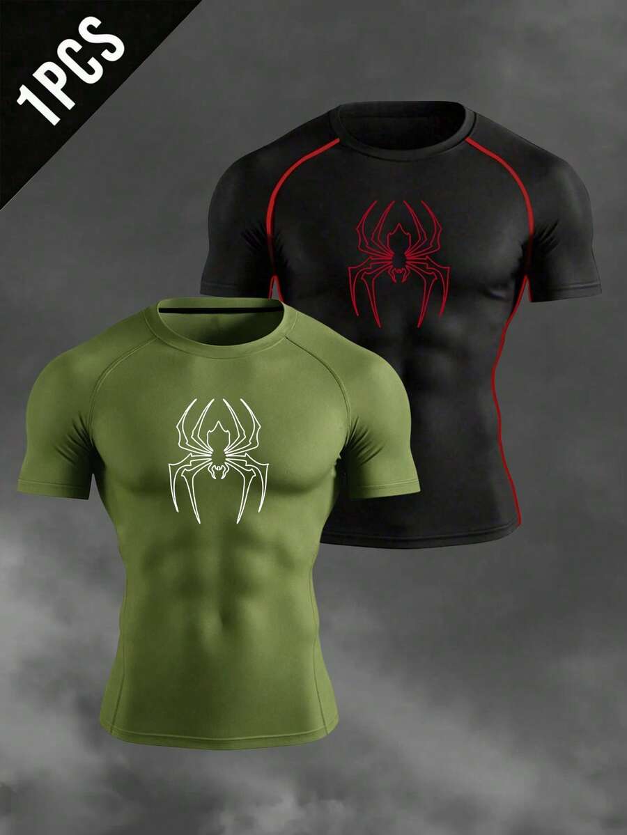 RISE LYT Camiseta deportiva de manga corta con estampado de araña y mangas raglán para hombre - Verde - Ver 1
