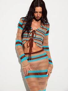 SHEIN Set Rajutan Jala Bergaris Bohemian, Penutup Pantai Transparan Berongga, Set 2 Potong untuk Liburan di Tepi Laut, Gaya Seksi - MultiWarna - View 8