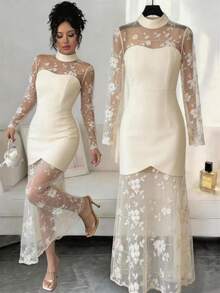 Elenzga Women's Spring/Summer Elegant Elegant Vacation Style Stand Collar Patchwork Sheer Floral Mesh Fitted Dress - Champagne - View 1