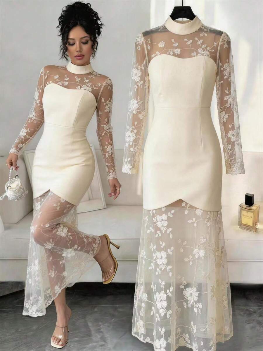 Elenzga Women's Spring/Summer Elegant Elegant Vacation Style Stand Collar Patchwork Sheer Floral Mesh Fitted Dress - Champagne - View 1