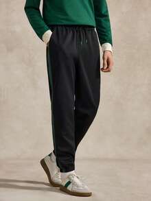 Courvante Men Contrast Side Seam Drawstring Waist Pants Long Color Block Plain Black Going Out, Fall - Black - View 6