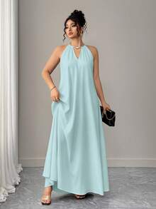 Elenzga Vestido holgado de cuello halter con abertura en forma de cerradura de unicolor para mujer de talla grande - Azul menta - Ver 4