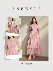 Anewsta 春夏季新款優雅溫婉刺繡圓領短袖荷葉邊收腰洋裝，情人節限量版 - 粉色 - 查看 9