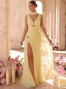 Glamrae Women's Metal Flower Decor Pleated Ribbon Hem Slit Sexy Formal Evening Gown Dress - Yellow - View 8