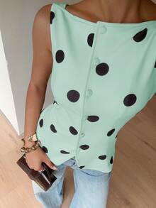Siren Gaze Vert menthe, chemise gilet élégante à pois à simple boutonnage pour femme, style vintage français, pour brunch, dîner, rendez-vous, fête, été, thé, vacances - Bleu lagon - Voir 5