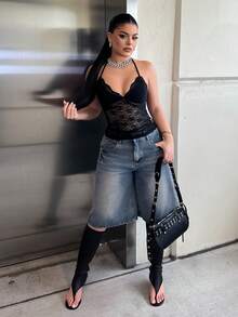 Dayanna Comas Lace Bodycon Ruched Fashionable Summer Halter Neck Camisole Top Y2K  Casual Black - Black - View 1