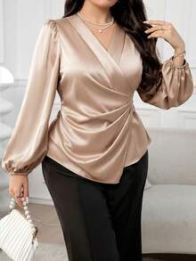 Modelyn Blusa cruzada de color liso elegante para ir al trabajo de talla grande - Caqui - Ver 7