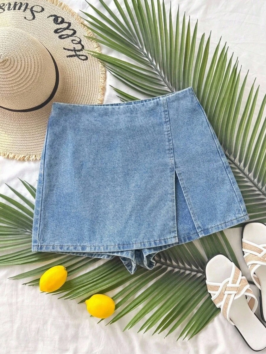 SHEIN EZwear 大尺碼女款休閒百搭牛仔裙褲 側開衩下擺 - 藍色 - 查看 1