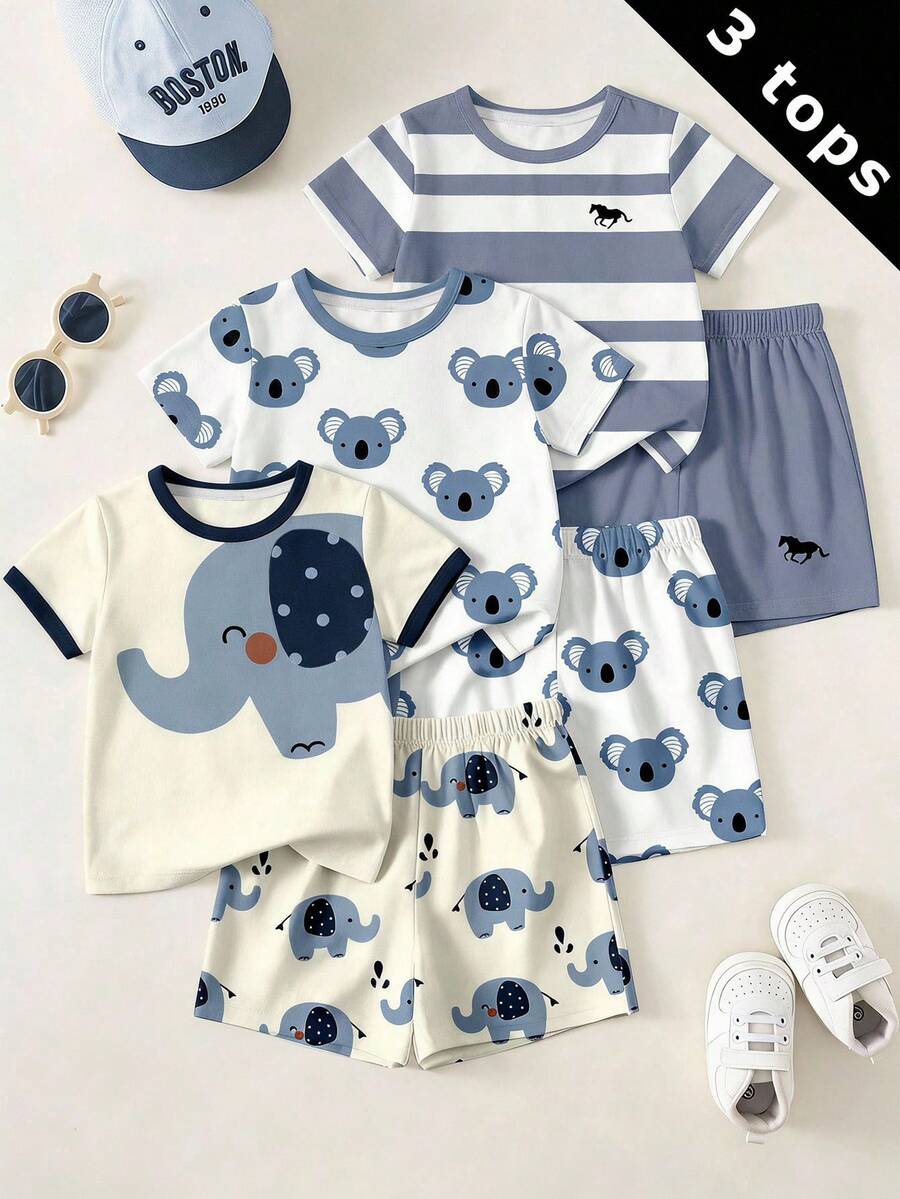 Atasan Minimalis Kasual Bayi Laki-laki, Set 3 Potong, Motif Beruang Lucu Klasik, Motif Klasik, Motif Vintage Klasik, Cocok untuk Musim Semi dan Musim Panas - MultiWarna - View 1