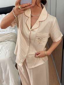 Napfluff Classic Striped Collar Short Sleeve Long Pants Pajama Set - Yellow - View 3