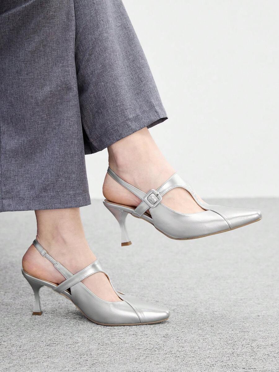 CUCCOO BIZCHIC Women's Pointed Stiletto, Stylish, Simple, Breathable And Comfortable, Daily Parties And Banquets Use Slip-On To Reveal The Heel Of Shoes - Silver - View 1