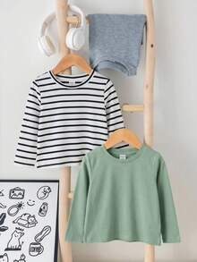 SHEIN Baby Boy Baby Girl Spring/Autumn Black & White Striped Solid Color Round Neck Long Sleeve Pullover Top 3 Pieces Set - Multicolor - View 6