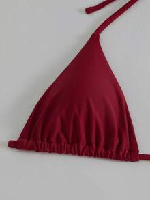 Swim Vcay Top de bikini halter de unicolor minimalista 2025, con tirante desmontable con nudo de lazo, para el verano - Burdeos - Ver 3