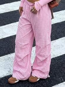Celana Panjang Kasual Longgar Motif Garis-Garis Blok Warna untuk Remaja Perempuan - MultiWarna - View 1