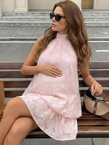 SHEIN Maternity Halter Neck Tie Pleated Fashionable Date Party Dress Summer Dresses Elegant Dresses For Party Casual Outfits Ruffle Dress   Pink Dress - Multicolor - View 1