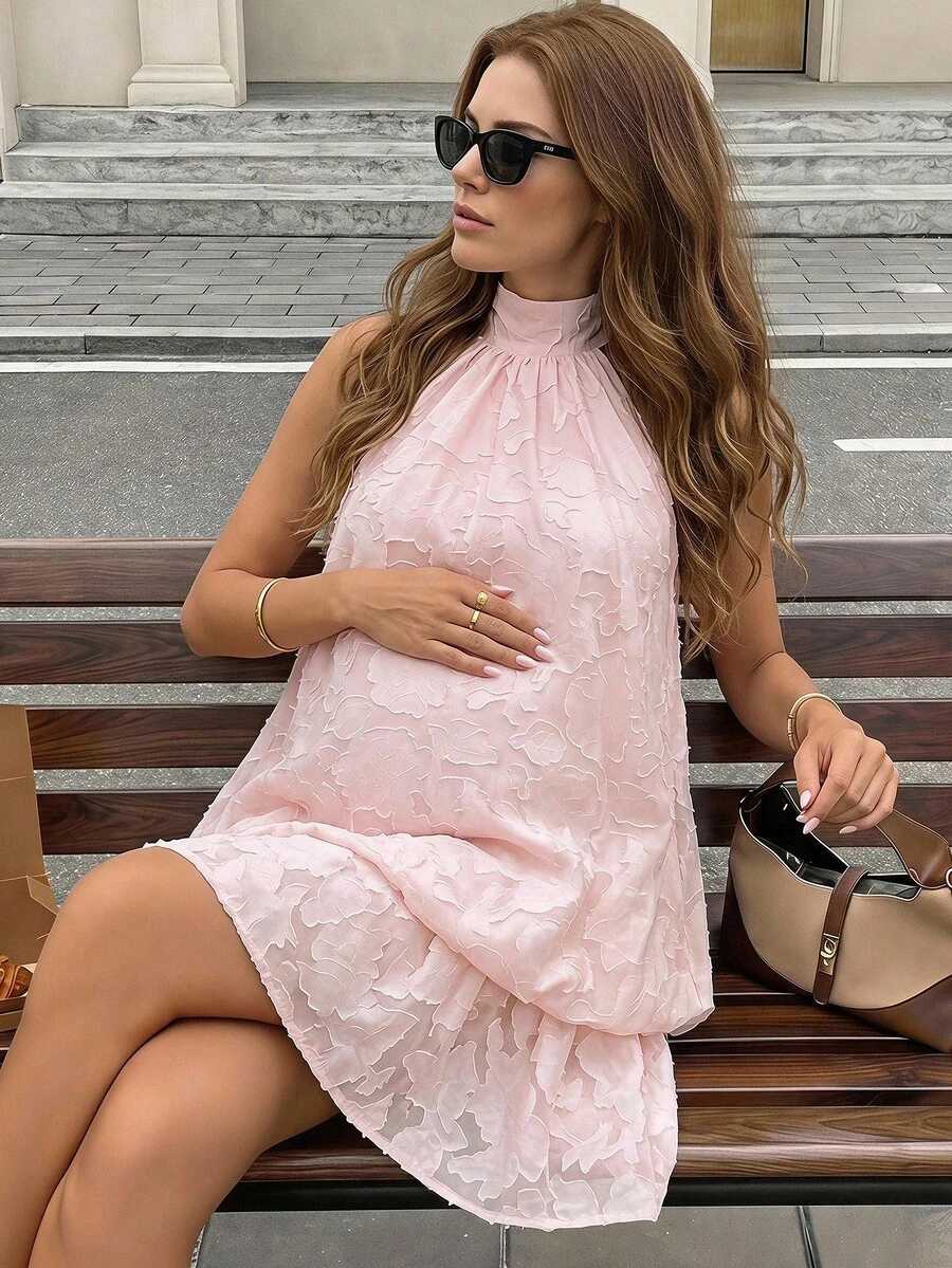 SHEIN Maternity Halter Neck Tie Pleated Fashionable Date Party Dress Summer Dresses Elegant Dresses For Party Casual Outfits Ruffle Dress   Pink Dress - Multicolor - View 1