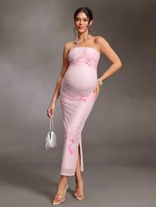 Cheriluna Maternity 孕婦粉色無肩帶側開衩下擺優雅洋裝 拍照用 夏季 - 彩色 - 查看 3