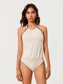 SHEIN BASICS Damen Sommer Lässig Rückenfrei Neckholder Bodysuit - Weiss - Übersicht 1