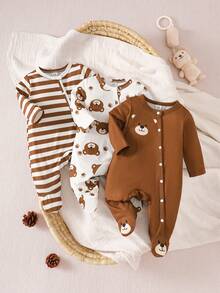 SHEIN Newborn Bear Striped Print Romper - Brown - View 5