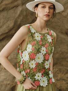 Arave Women's Loose Fit Round Neck Sleeveless Hollow Floral Asymmetrical Hem Design Casual Romantic Elegant Commute Wedding Top Garden Party Tea Party - Coral Pink - View 4