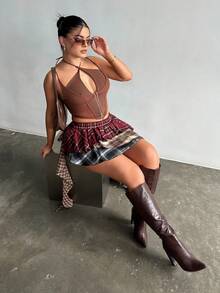 Dayanna Comas Asymmetric Ruffled Hem Mixed Plaid Mini Skirt - Multicolor - View 6