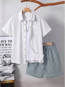 SHEIN 2pcs Teen Boy's Casual Versatile Comfortable Knit Texture Short Sleeve Shirt And Shorts Set Outfit Matching Set Squishy Vacation Holiday Graduation - Multicolor - View 3