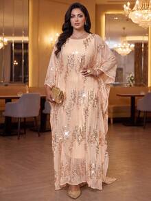 Auveirra Plus Size Women's Sequin Batwing Sleeve Loose Party Dress,Blush Pink,Summer,Country,Elegant,Formal,Wedding Ninang, Al-Adha Ceremony Outfits Vacation - Apricot - View 8