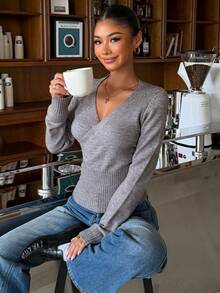 Muchica Women's Solid Color Overlap V-Neck Long Sleeve Button Design Sweater Brunch Grey Autumn Casual - Grey - View 6