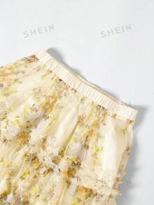GlowEve CURVE 春夏熱銷款優雅花卉印花網紗蛋糕裙大尺碼 - 黃色 - 查看 4