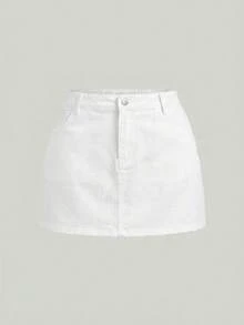 SHEIN MOD Falda mini de mezclilla de talla grande con botones & cremallera de unicolor - Blanco - Ver 1