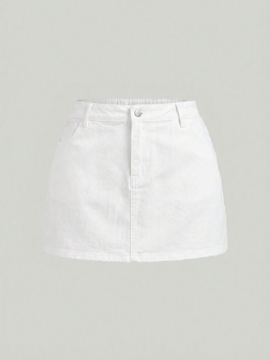 SHEIN MOD Falda mini de mezclilla de talla grande con botones & cremallera de unicolor - Blanco - Ver 1