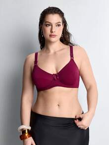 Slumbrini One Piece Plus Size Solid Color Stretchy Ultra-Thin Underwire Bra, Simple For Daily Wear - Burgundy - View 4