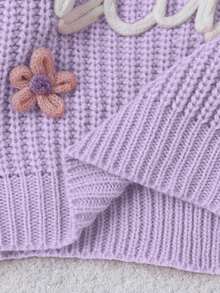 SHEIN 女嬰紫色花卉圓領針織衫「Baby」刺繡字母 3D 花朵裝飾 可愛仙氣款 秋季家庭套裝 婚禮賓客穿搭 - 紫色 - 查看 5
