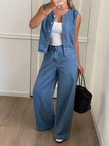Dazy Tall Setelan Rompi Denim Kasual dan Celana Panjang Lebar untuk Wanita Musim Panas - Medium Wash - View 7