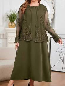 Modelyn 大尺碼優雅刺繡網紗上衣與洋裝兩件套 - 軍綠色 - 查看 5