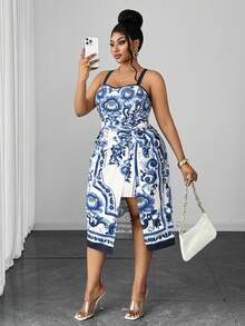 Maweii Rochie midi pentru femei mărimi mari, primăvară/vară, nouă, stil hot girl de vacanță, cu imprimeu floral albastru, bretele bandeau și talie cu șnur lateral, model slim, potrivită pentru vacanță la plajă, călătorii pe insule, fotografii de călătorie, îmbrăcăminte fashion stil hot girl - Multicolor - Vizualizare 5