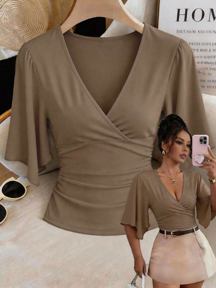 Elenzga Women's Casual Asymmetrical Ruffle Short Sleeve Crop Top For Vacation Beige