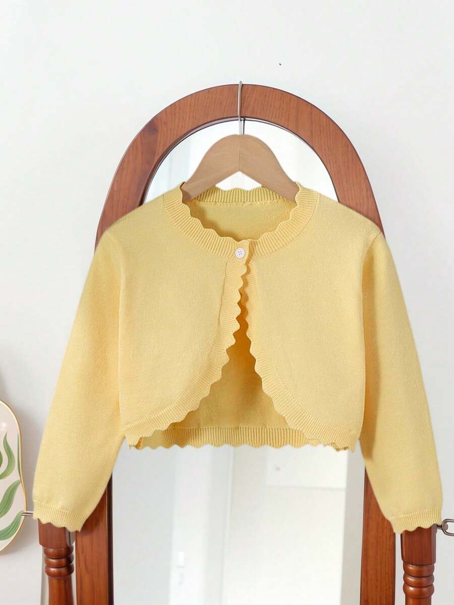 SHEIN Elladie kids 女童休閒百搭素色開襟毛衣外套 秋季 - 黃色 - 查看 1